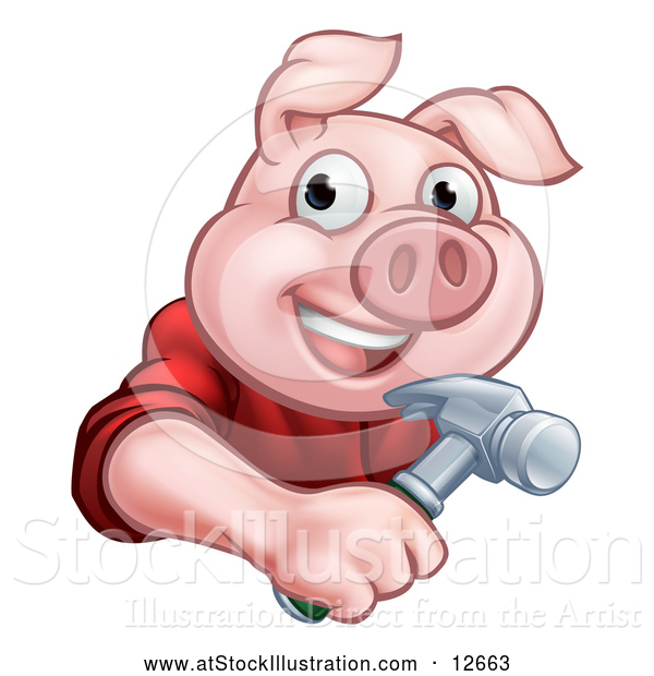 Vector Illustration of a Happy Pig Mascot Carpenter Holding a Hammer