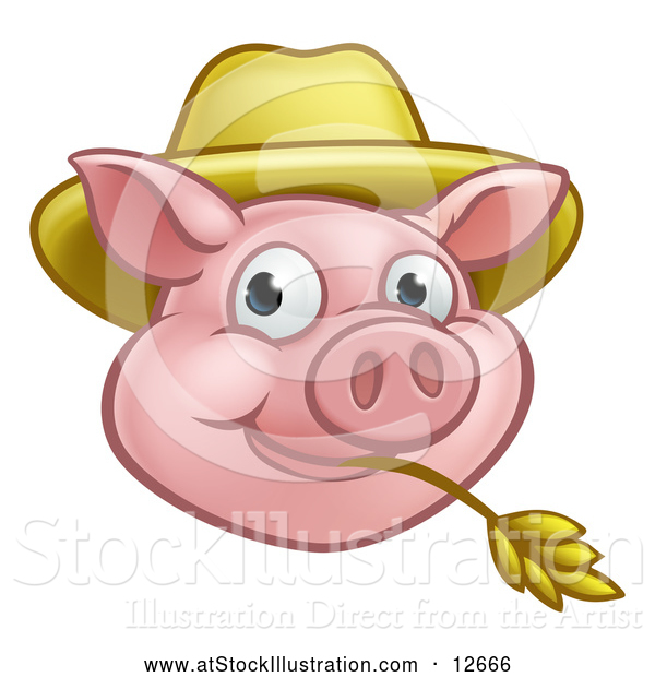 Vector Illustration of a Happy Pig Mascot Face Wearing a Straw Hat and Chewing on Straw