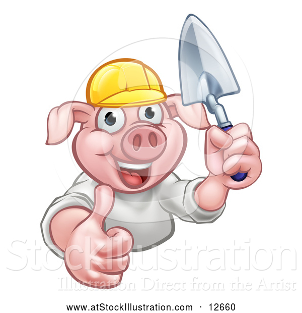 Vector Illustration of a Happy Pig Mascot Mason Holding a Trowel