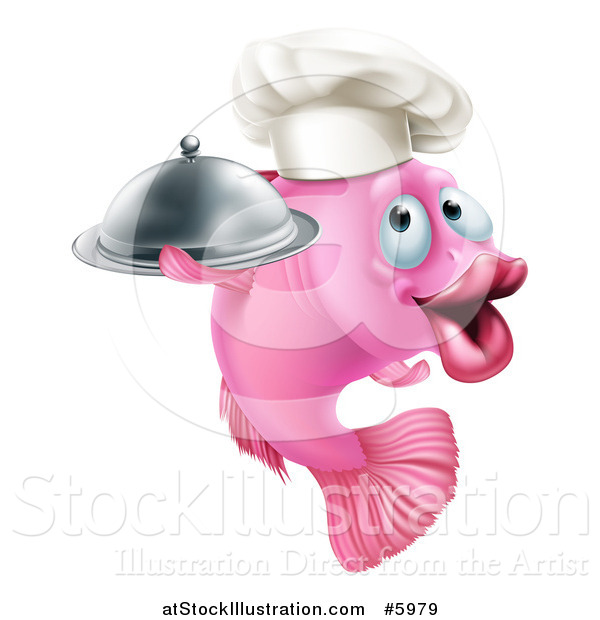 Vector Illustration of a Happy Pink Chef Fish Holding a Cloche Platter
