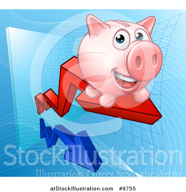 Vector Illustration of a Happy Pink Piggy Bank Riding a Growth Stock Market Arrow