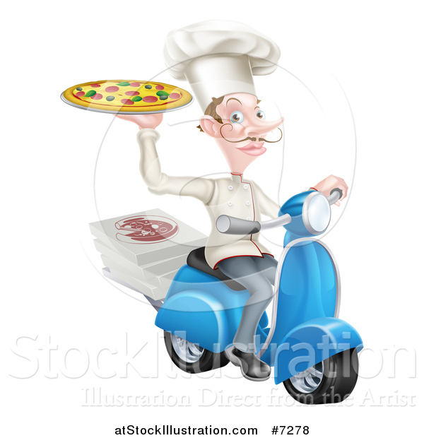 Vector Illustration of a Happy Pizza Delivery Chef with a Curling Mustache, Holding up a Pie on a Scooter