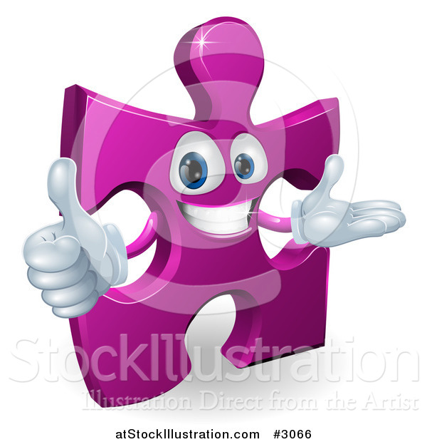 Vector Illustration of a Happy Purple Jigsaw Puzzle Piece Mascot Holding a Thumb up