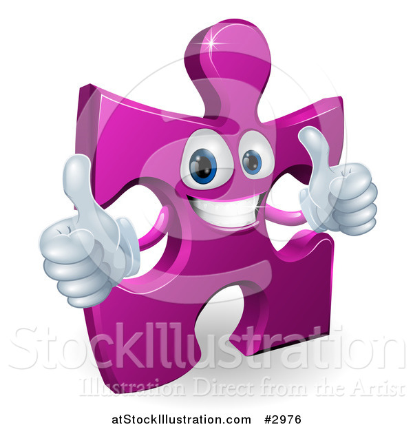 Vector Illustration of a Happy Purple Jigsaw Puzzle Piece Mascot Holding Two Thumbs up