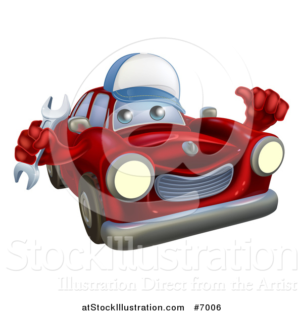 Vector Illustration of a Happy Red Car Character Wearing a Baseball Cap, Holding a Wrench and Thumb up