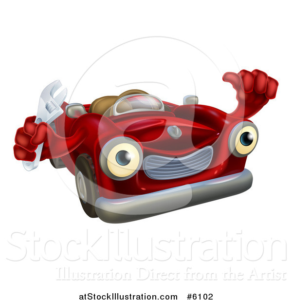 Vector Illustration of a Happy Red Convertible Car Character Mechanic Holding a Wrench and Thumb up