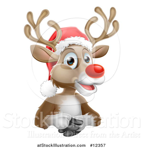 Vector Illustration of a Happy Red Nosed Reindeer Wearing a Santa Hat