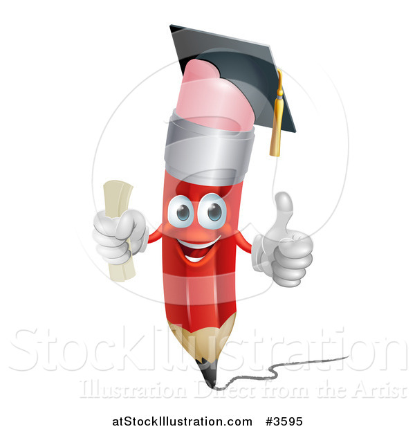 Vector Illustration of a Happy Red Pencil Mascot Graduate Holding a Thumb up