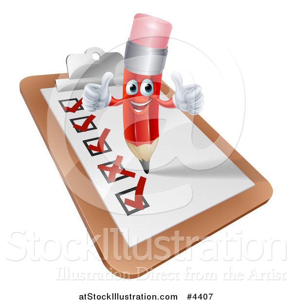 Vector Illustration of a Happy Red Pencil Mascot Holding Two Thumb up on a Check List Clipboard