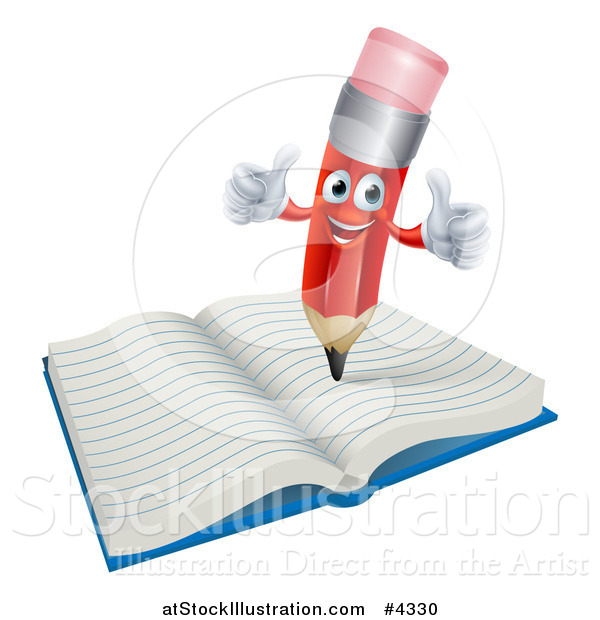 Vector Illustration of a Happy Red Pencil Mascot Holding Two Thumbs up on a Notebook