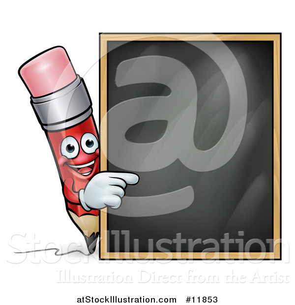 Vector Illustration of a Happy Red Writing Pencil Pointing to a Black Board