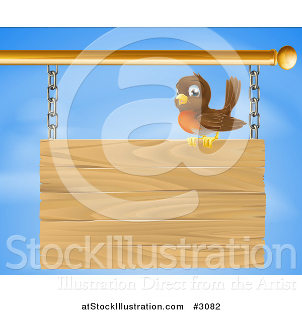 Vector Illustration of a Happy Robin Bird Perched on a Wood Sign Against the Sky
