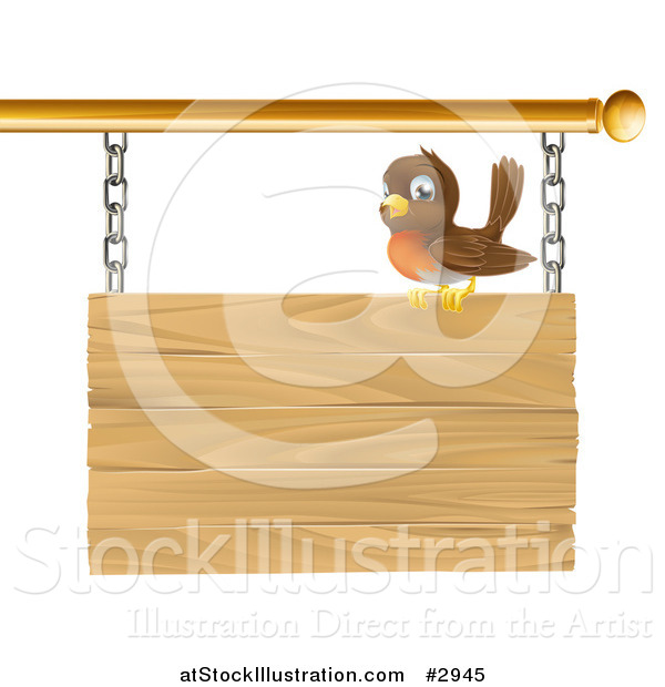 Vector Illustration of a Happy Robin Perched on a Wood Sign