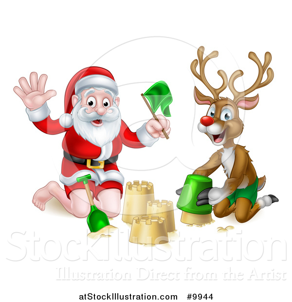 Vector Illustration of a Happy Rudolph Red Nosed Reindeer and Santa Making a Sand Castle