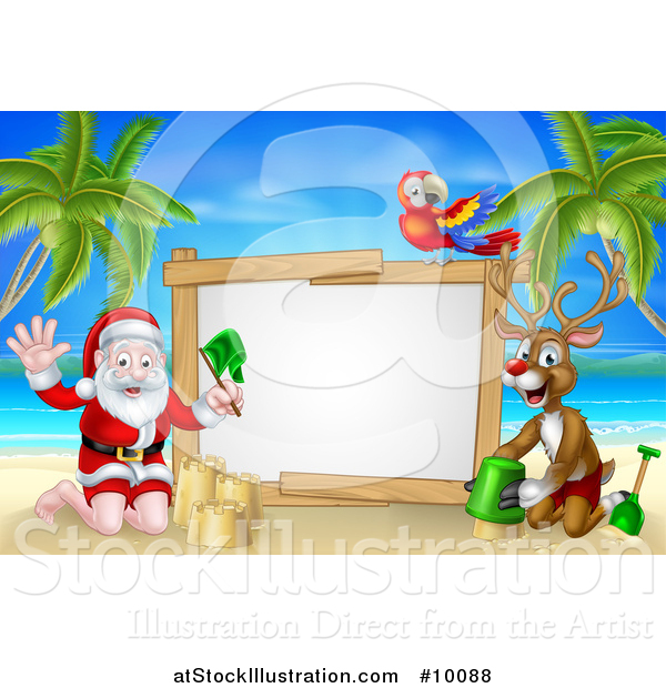 Vector Illustration of a Happy Rudolph Red Nosed Reindeer and Santa Making Sand Castles on a Tropical Beach by a Blank Sign with a Parrot