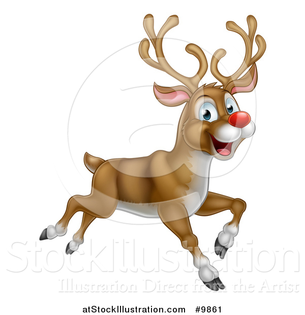 Vector Illustration of a Happy Rudolph Red Nosed Reindeer Leaping or Flying