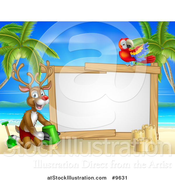 Vector Illustration of a Happy Rudolph Red Nosed Reindeer Making a Sand Castle on a Tropical Beach by a Blank Sign with a Parrot