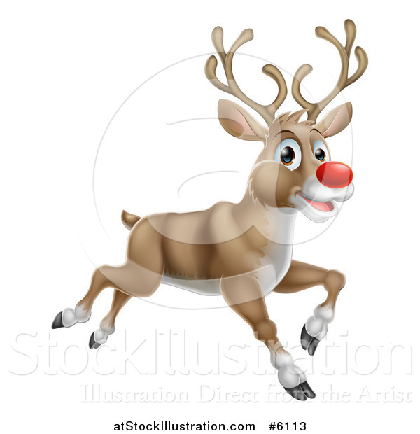 Vector Illustration of a Happy Rudolph Red Nosed Reindeer Running or Flying