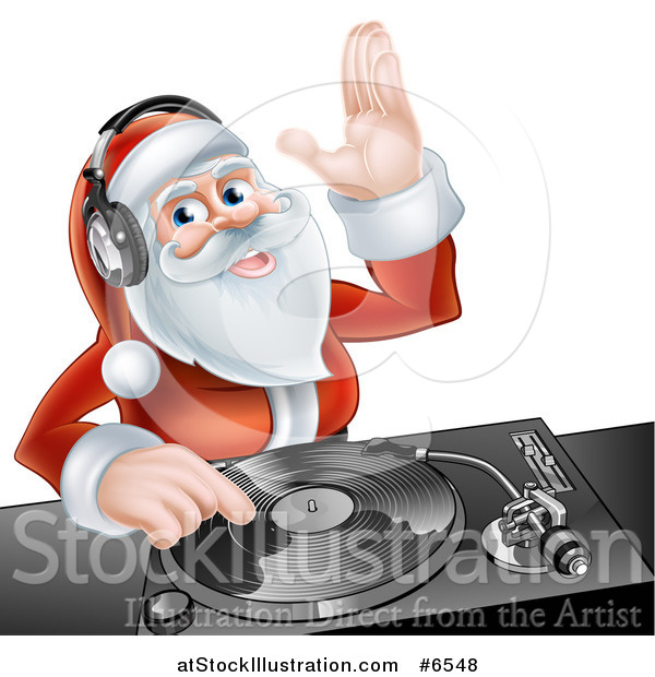Vector Illustration of a Happy Santa Claus Dj Mixing Christmas Music on a Turntable