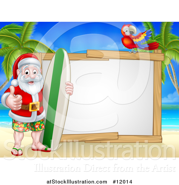 Vector Illustration of a Happy Santa Surfer on a Tropical Beach by a Blank Sign with a Parrot