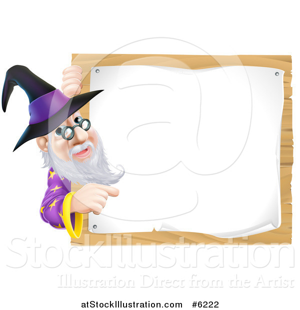 Vector Illustration of a Happy Senior Wizard Pointing Around a Posted Notice Sign on Wood