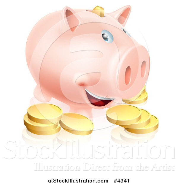 Vector Illustration of a Happy Smiling Piggy Bank with Golden Coins