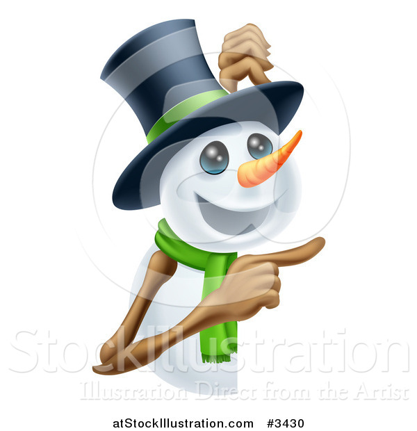 Vector Illustration of a Happy Snowman in a Top Hat and Green Scarf Pointing to a Sign