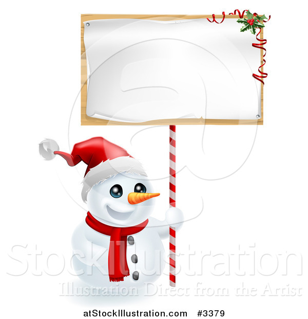 Vector Illustration of a Happy Snowman Wearing a Santa Hat and Holding a Christmas Sign