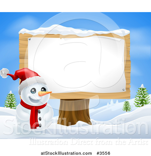Vector Illustration of a Happy Snowman with a Santa Hat and Sign on a Stump