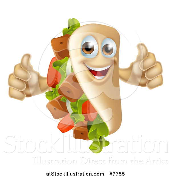 Vector Illustration of a Happy Souvlaki Kebab Sandwich Mascot Giving Two Thumbs up