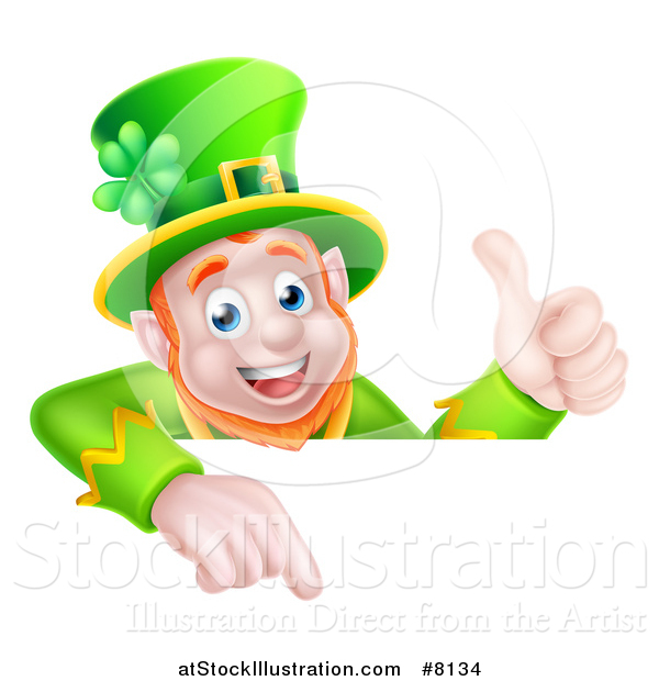Vector Illustration of a Happy St Patricks Day Leprechaun Giving a Thumb up and Pointing down over a Sign