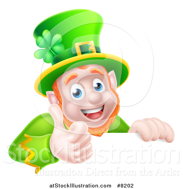 Vector Illustration of a Happy St Patricks Day Leprechaun Giving a Thumb up over a Sign