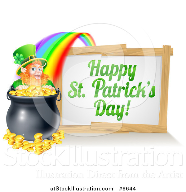 Vector Illustration of a Happy St Patricks Day Sign with a Rainbow Leading to a Leprechaun at a Pot of Gold