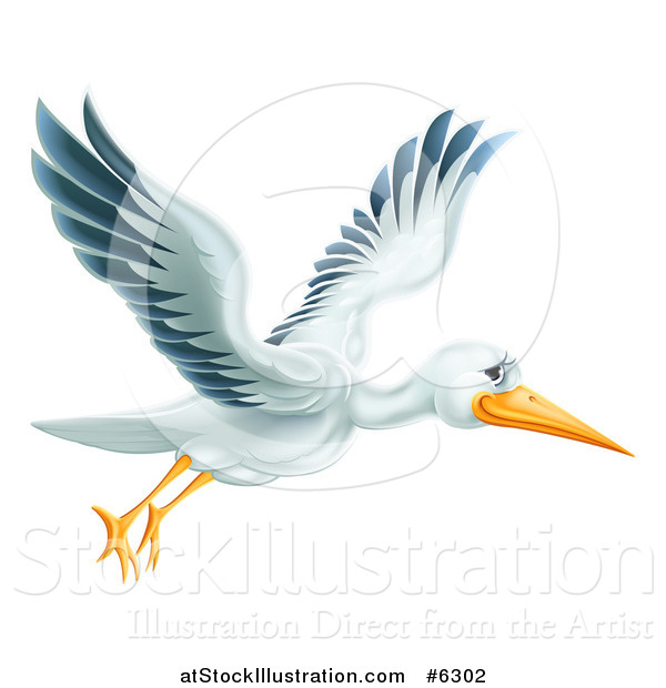Vector Illustration of a Happy Stork Bird Flying to the Right