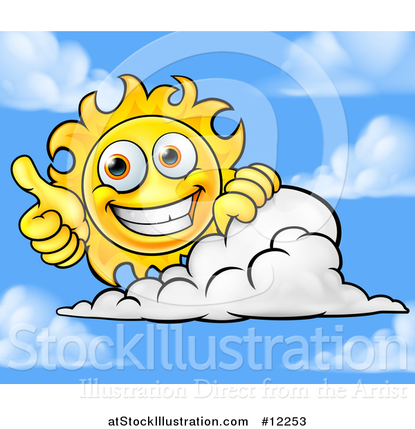 Vector Illustration of a Happy Sun Mascot Giving a Thumb up over a Cloud