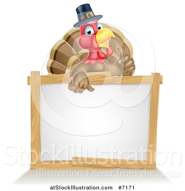 Vector Illustration of a Happy Thanksgiving Pilgrim Turkey Bird Giving a Thumb up over a Blank White Board Sign