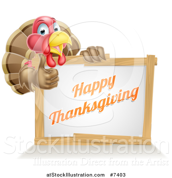 Vector Illustration of a Happy Thanksgiving Turkey Bird Giving a Thumb up over a Greeting Board Sign