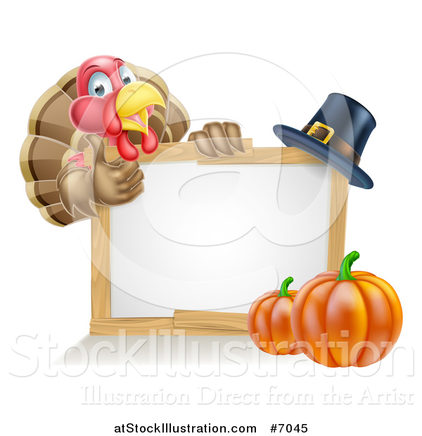 Vector Illustration of a Happy Thanksgiving Turkey Bird Giving a Thumb up over a Pumpkin, Blank White Board Sign and Pilgrim Hat