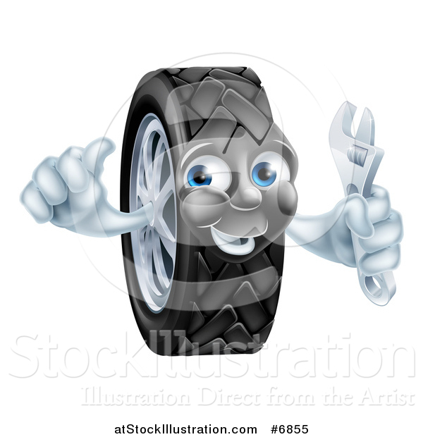 Vector Illustration of a Happy Tire Character Holding a Thumbs up and a Spanner Wrench