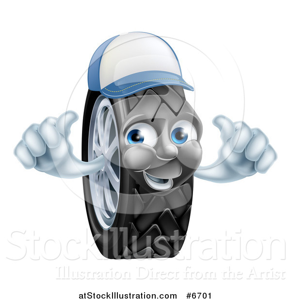 Vector Illustration of a Happy Tire Character Wearing a Baseball Cap and Holding Two Thumbs up