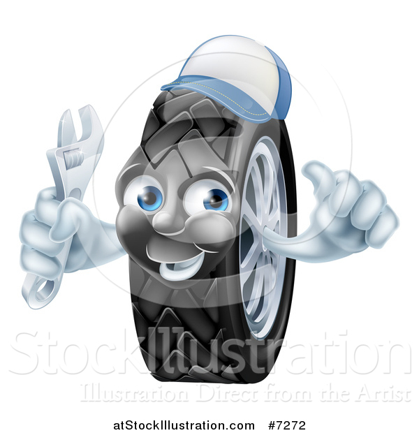 Vector Illustration of a Happy Tire Character Wearing a Baseball Cap, Giving a Thumb up and Holding a Wrench 2