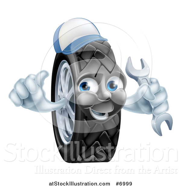 Vector Illustration of a Happy Tire Character Wearing a Baseball Cap, Giving a Thumb up and Holding a Wrench