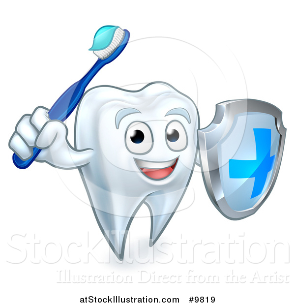 Vector Illustration of a Happy Tooth Character Holding a Toothbrush and Shield