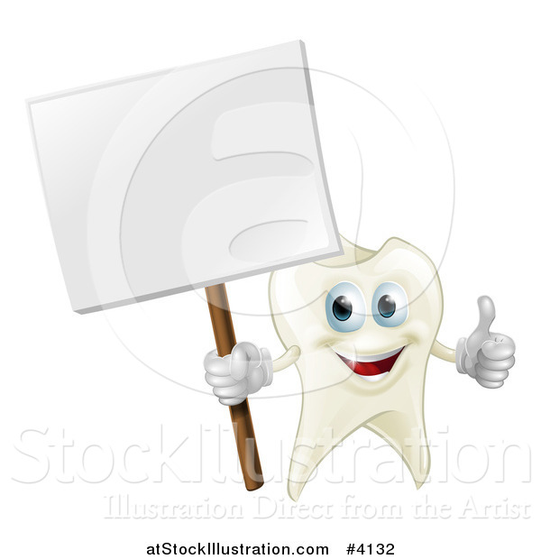 Vector Illustration of a Happy Tooth Mascot Holding a Thumb up and a Sign