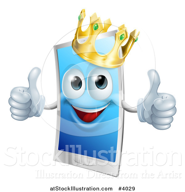 Vector Illustration of a Happy Touch Screen Cell Phone Mascot Wearing a Crown and Holding Two Thumbs up