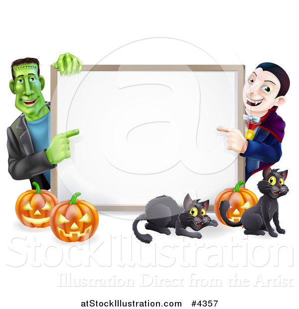 Vector Illustration of a Happy Vampire Frankenstein Pumpkins and Black Cats Around a Blank Sign