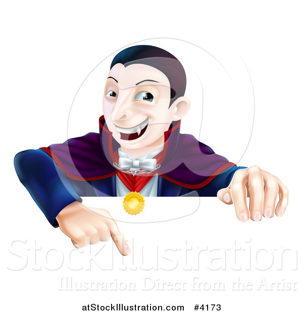 Vector Illustration of a Happy Vampire Pointing down at a Sign