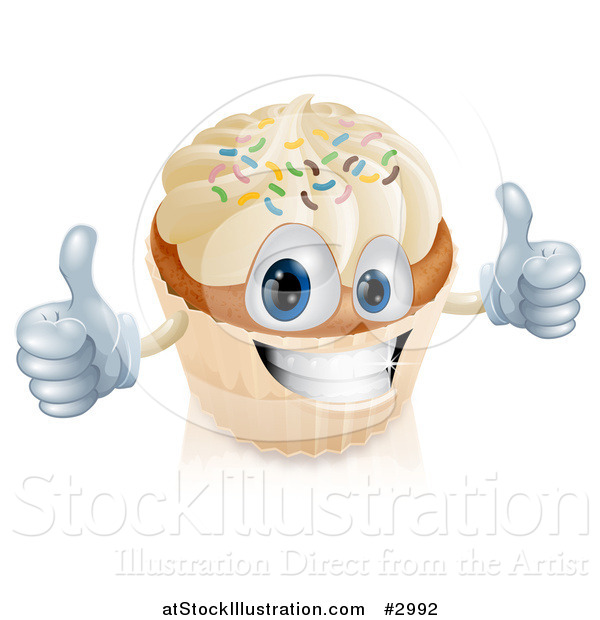 Vector Illustration of a Happy Vanilla Cupcake Character Holding Two Thumbs up