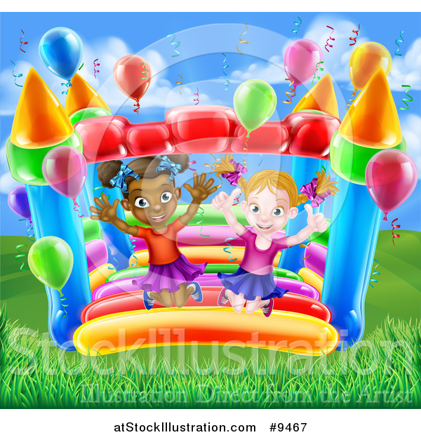 Vector Illustration of a Happy White and Black Girls Jumping on a Bouncy House Castle in a Park