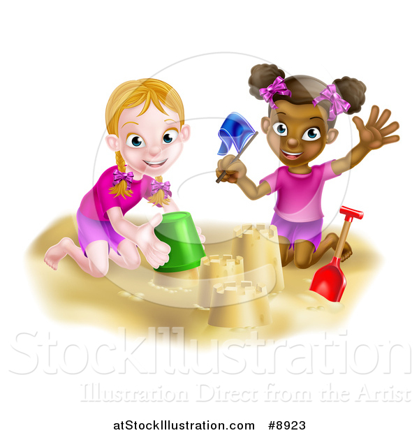 Vector Illustration of a Happy White and Black Girls Playing and Making Sand Castles on a Beach
